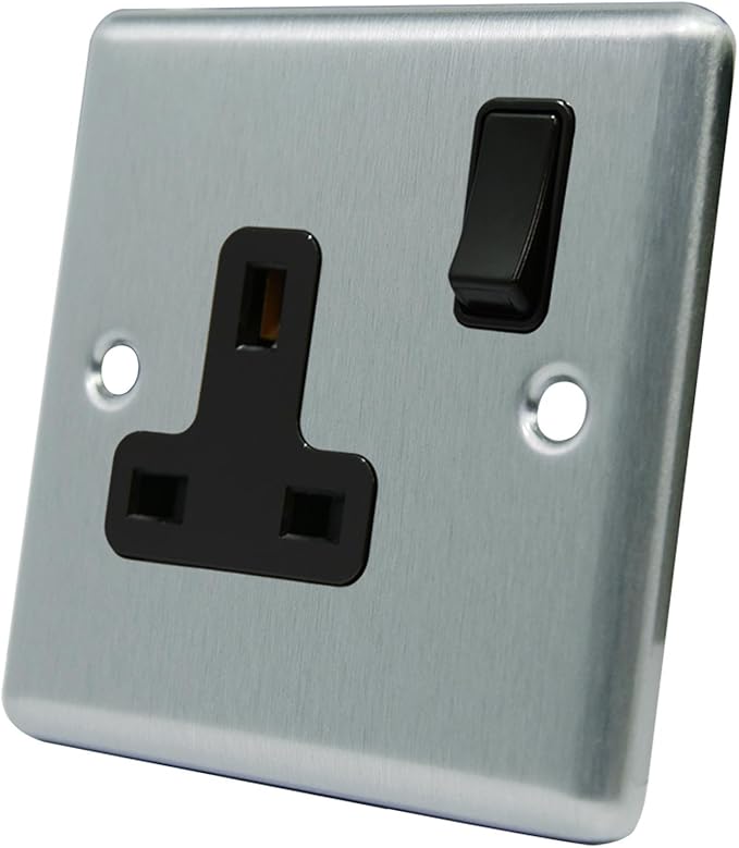 socket 1 gang - 缎面哑光铬 - 方形 - 黑色插入塑料开关 - 13a 单壁